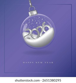 Happy New Year 2026. Silver volumetric numbers lie on the snow inside a transparent Christmas tree ball on a blue-violet background. Silver elegant text. Elegant minimalist design