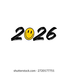 Frohes neues Jahr 2026 mit Smiley Gesicht. Grußkarte.