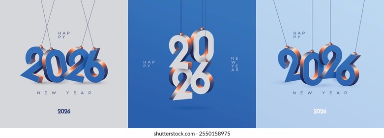 Happy new year 2026 square template with 3D blue hanging number. Greeting concept for 2026 new year celebration