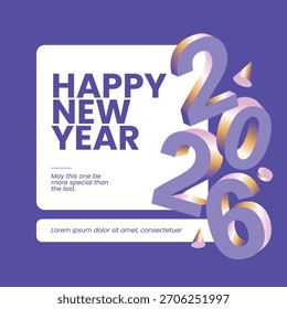 Happy New Year 2026 quadratische Vorlage mit 3D-Nummern. Social Media Grußkonzept für Neujahrsfeiern 2026.