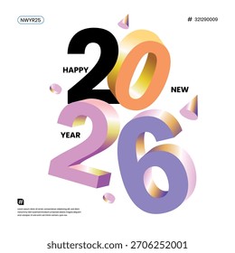 Happy New Year 2026 square template with 3D numbers. Social media greeting concept for New Year 2026 celebrations.
