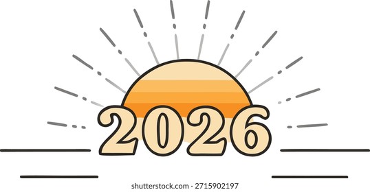 Feliz año Nuevo 2026 con sutiles rayos minimalistas del amanecer, concepto festivo simple y fresco, adecuado para tarjetas de felicitación, Anuncios, redes sociales, arte digital y diseños de celebración de temporada.