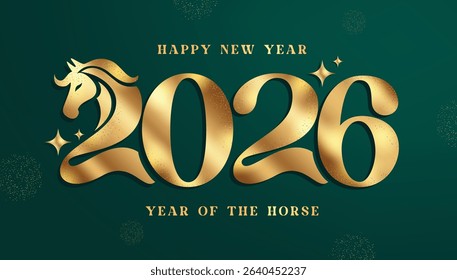 Happy new year 2026 text clipart design. Year of the horse new year greeting in gold text, calligraphy and typography clip art in green background vector illustration.  
