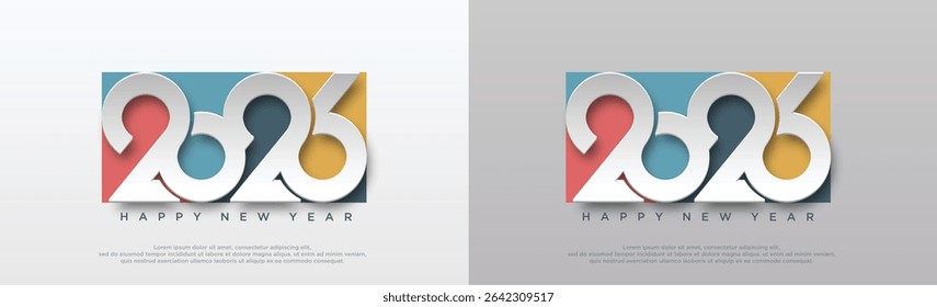 Happy New Year 2026 text design. Business diary cover for 2026 with wishes. Brochure, card, banner design template. Vector illustration. Isolated on white background.