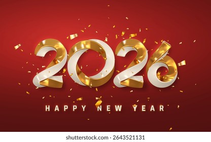 Happy New Year 2026 Text in Gold and White with Shiny Confetti on Red Background. Luxurious Holiday Celebration Style for Greeting Cards or Banners. Vector Illustration.