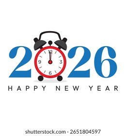 Happy New Year 2026 Text Design with Alarm Clock Vector Illustration