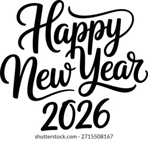 Texto feliz del año Nuevo 2026 en caligrafía negra sobre un fondo blanco