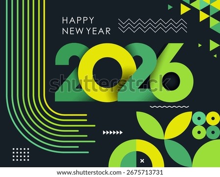 happy new year 2026 text design with modern calligraphy and dark background style. Creative Greeting card banner for 2026 clean energy colorful vegan green yellow lines. Latest Vector illustration.