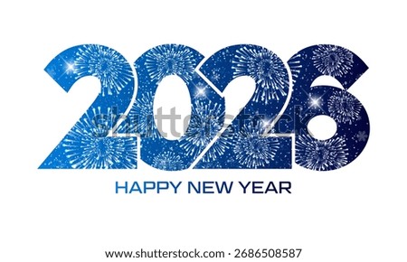 Happy New Year 2026 text design. Firework and snowfall. Vector illustration.