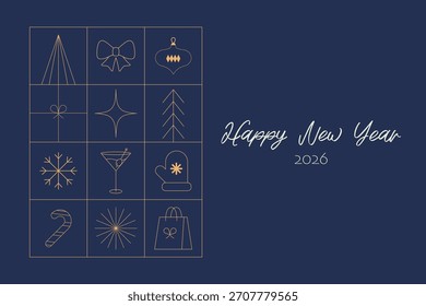 Feliz año Nuevo 2026. Plantilla de póster de borde de marco de línea delgada. Feliz Navidad y feliz año nuevo