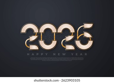 Happy new year 2026 typographic text poster design celebration. Glowing golden numbers and dark background vector illustration.