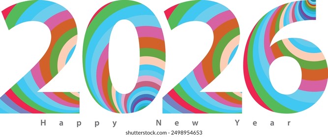 happy new year 2026 with various color curve stripes inside, 2026 vector illustration, isolated on white background.