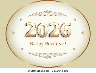 Happy New Year 2026. Vector greeting card design, festive vector illustration with numbers 2026 and stars in oval frame in gold color.