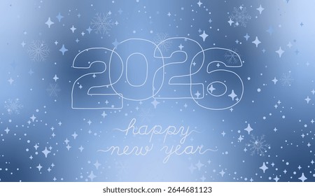 Feliz año Nuevo 2026 Anuncio de Vector. Dibujo de línea continuo de 2026 y texto escrito a mano sobre un fondo azul de invierno con copos de nieve. Diseño de vacaciones moderno y limpio.