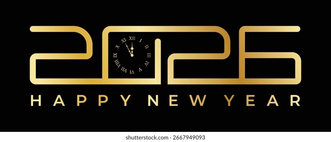 Happy New Year 2026 Vector Background Design with Golden Clock. Suitable for Greeting Card, Banner, Poster, templates etc