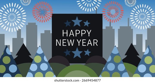 Happy New Year 2026 Vector Banner Background with Golden Fireworks, Sparkling Confetti, Festive Celebration Lights, Elegant Holiday Poster Design