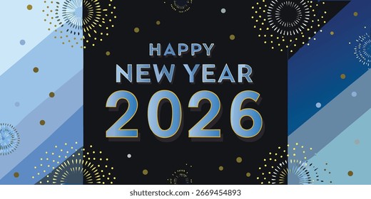 Feliz Año Nuevo 2026 Fondo de Anuncio de Vector con fuegos artificiales dorados, confeti espumoso, luces de celebración festiva, elegante diseño de póster de Festiva