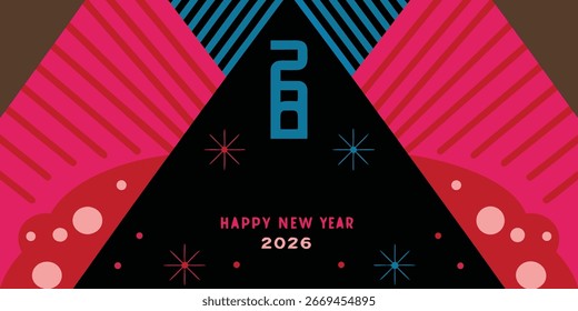 Happy New Year 2026 Vector Banner Background with Golden Fireworks, Sparkling Confetti, Festive Celebration Lights, Elegant Holiday Poster Design