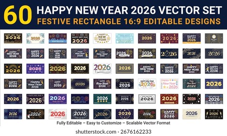 Frohes neues Jahr 2026 Vektorset mit festlichen quadratischen bearbeitbaren Designs, Feiertagshintergründen, Feuerwerk, Feiertagskarten, Partydekorationen und Grußvorlagen im modernen Stil