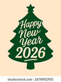 Feliz Ano Novo 2026 design de letras vetoriais. Silhueta da árvore de Natal.