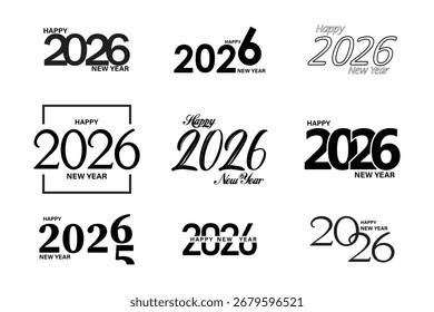 Frohes neues Jahr 2026, Vektorgrafik in Schwarz-Weiß. 