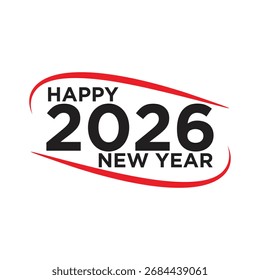 Happy New Year 2026 Vector Design Template: Bold, Modern Typography, Red Swoosh Graphic Element for Greeting Card, Banner, or Calendar Cover