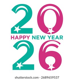 Happy New Year 2026 vector logo. Modern futuristic typography with vibrant colors and stars for holiday party invitation, festive poster, or celebration greeting card.