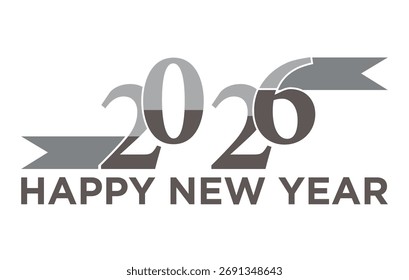 Happy New Year 2026 vector logo. Modern minimalist typography with a grey ribbon banner for a corporate holiday greeting card or business event poster.
