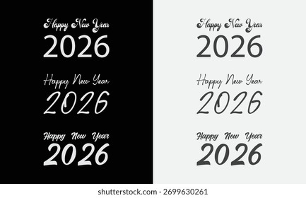 Feliz año Nuevo 2026 conjunto de diseño de texto de Vector. Tipografía moderna y de moda para carteles, Anuncios y tarjetas de felicitación.
