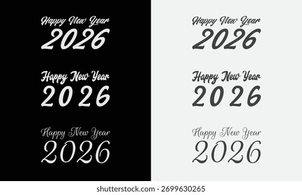 Feliz año Nuevo 2026 conjunto de diseño de texto de Vector. Tipografía moderna y de moda para carteles, Anuncios y tarjetas de felicitación.