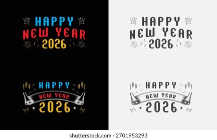 Happy New Year 2026 vector text set. Modern, diverse typography for holiday posters, banners, and apparel designs.
