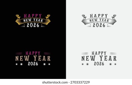 Happy New Year 2026 vector logo collection. Diverse typography for holiday cards, posters, and apparel, t-shirt