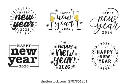 Happy New Year 2026 Vector Clipart Set – Festive Typography Illustrations, Lettering, and Celebration Icons