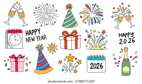 Feliz año Nuevo 2026 Elementos de Vector, ilustración plana de Conjuntos doodle, celebración de año nuevo