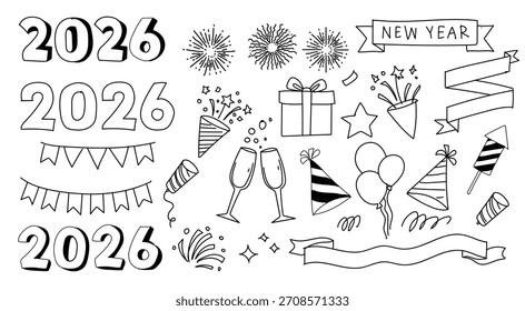 Feliz año Nuevo 2026 Elementos de Vector, ilustración plana de Conjuntos doodle, celebración de año nuevo
