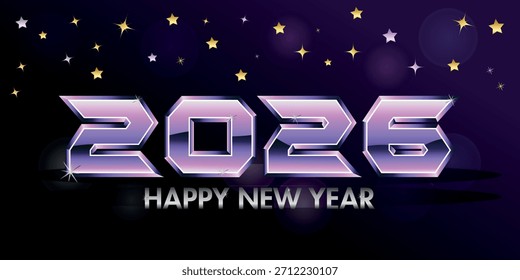 Feliz Ano Novo 2026 Vetor Design Futurista Metálico Tipografia Starry Fundo