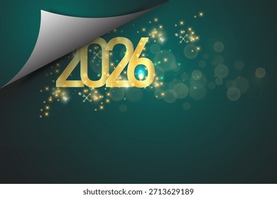 Frohes neues Jahr 2026. Vektorgrafik mit funkelnden und goldenen Zahlen auf grünem Hintergrund.