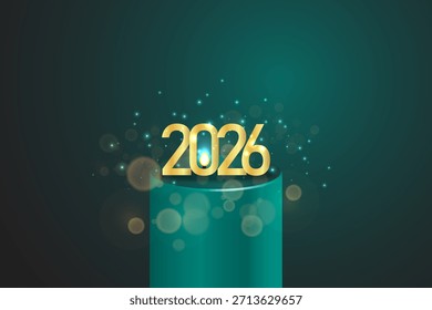 Feliz año Nuevo 2026 . Ilustración vectorial. Fondo festivo con números de oro en el podio con bombilla