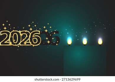 Feliz Ano Novo 2026. Cartão de saudação vetor com velas e estrelas cintilantes lâmpada
