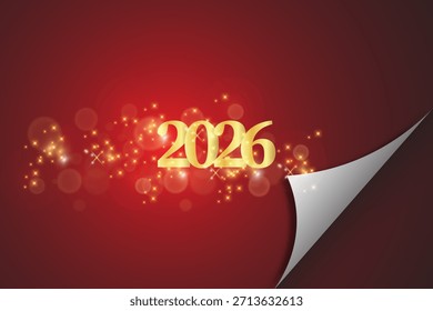 Feliz Ano Novo 2026 Ilustração vetorial com brilhos e números dourados da lâmpada no fundo vermelho