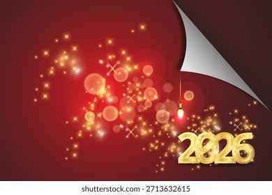 Feliz Ano Novo 2026 Ilustração vetorial com brilhos e números dourados da lâmpada no fundo vermelho