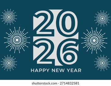 Happy New Year 2026 vector design illustration with fireworks ornaments and 2026 typography on a dark blue background. Perfect for greeting cards, banners, posters, social media, and holiday promotion