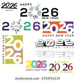 Happy New Year 2026 Vector Design Collection. Set of Creative Modern and Elegant Typography Logos, Minimalist Icons, and Geometric Graphic Templates for Greeting Cards and Corporate Banners