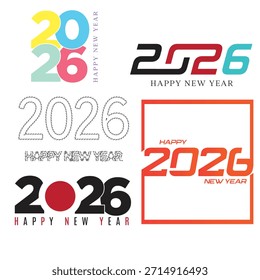 Feliz Año Nuevo 2026 Diseño de Vector Mega Set. Colección de logotipos de tipografía creativa moderna y elegante, Elementos gráficos geométricos y siluetas de animales para tarjetas de felicitación, carteles y Anuncios.