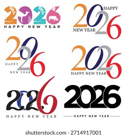 Feliz año Nuevo 2026 Vector Diseño Mega Pack. Colección de logotipos de tipografía creativa moderna y elegante, Elementos gráficos geométricos y siluetas de animales para tarjetas de felicitación, carteles y Anuncios Corporativas.