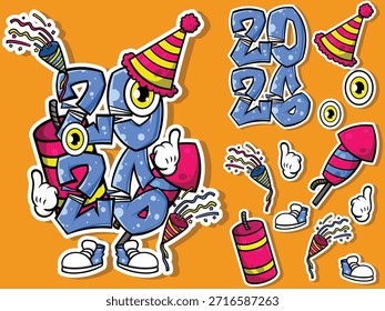 Feliz Año Nuevo 2026 Ilustración vectorial. Divertido personaje de mascota azul con fuegos artificiales, sombreros de fiesta y confeti. Perfecto para pegatinas de vacaciones y saludos.