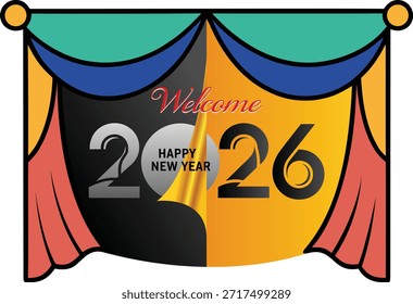Feliz año nuevo 2026 Ilustración vectorial. Feliz año nuevo estilo de cortina de Anuncio o diseño de Vector, diseño de moda