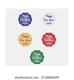 Feliz año Nuevo 2026 Vector Set de pegatinas 5 Variantes de color 3x3 pulgadas, en colores rojo, azul, verde y oro