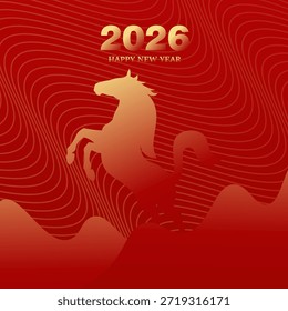 Feliz año Nuevo 2026 Ilustración vectorial con una majestuosa silueta de caballo sobre un fondo rojo con elegantes patrones de ondas orientales que fluyen