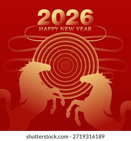 Feliz año Nuevo 2026 Ilustración vectorial con dos elegantes siluetas de caballo enfrentadas sobre un fondo rojo con patrones orientales circulares dorados